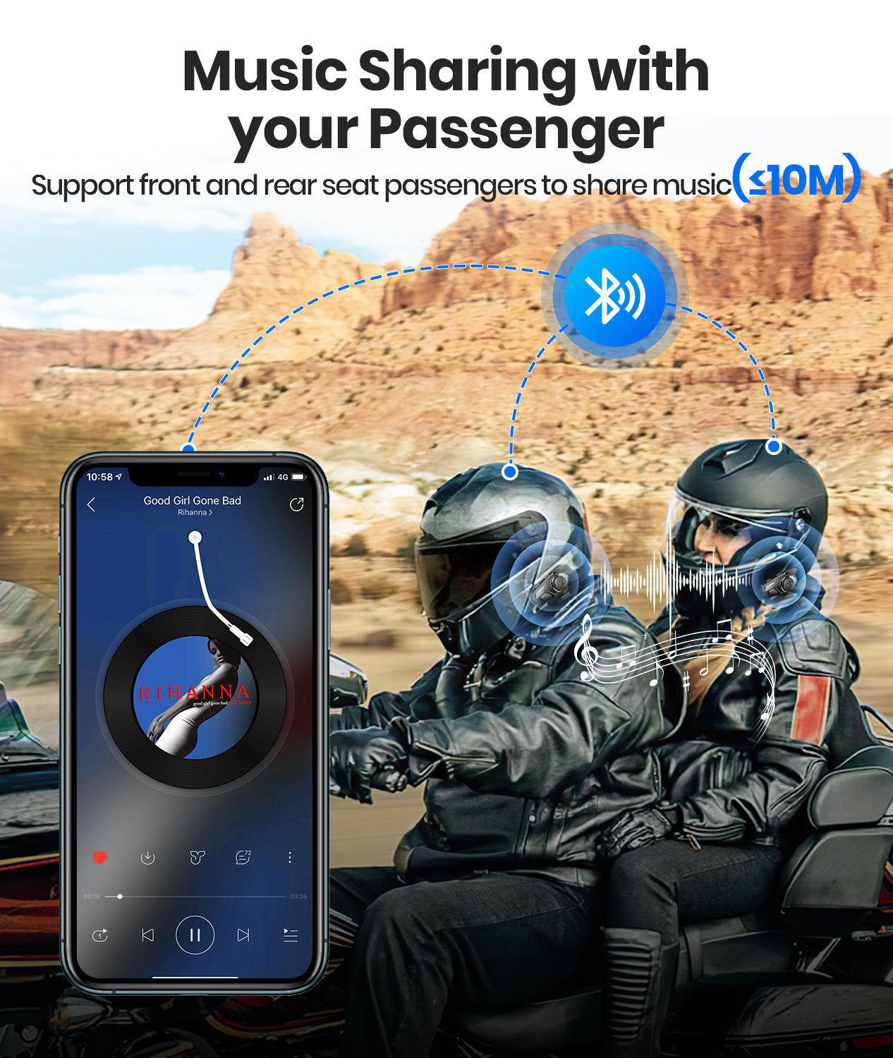 Motorcycle Bluetooth Headset, Dual Chips for Multitasking Audio, 10 Riders Pairing 2000M Motorcycle Helmet Bluetooth Intercom System, HiFi Sound/Music Sharing/AI Voice/FM/Noise Reduction