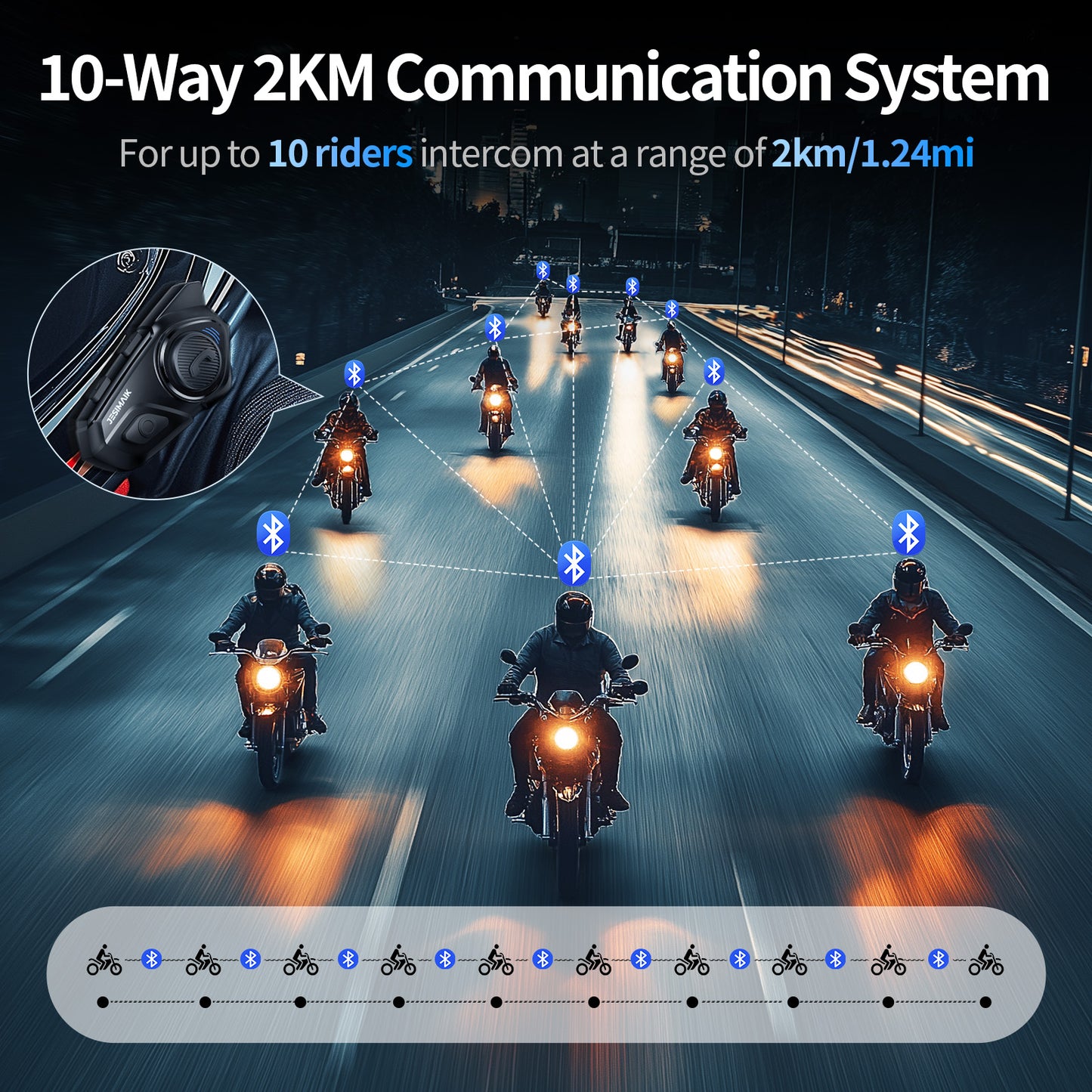 JESIMAIK Motorcycle Helmet Bluetooth Headset, 10 Way 2KM Helmet Communication System, Multitasking Audio Motorcycle Intercom, 2 Mics&40mm Speaker (1 Pack)