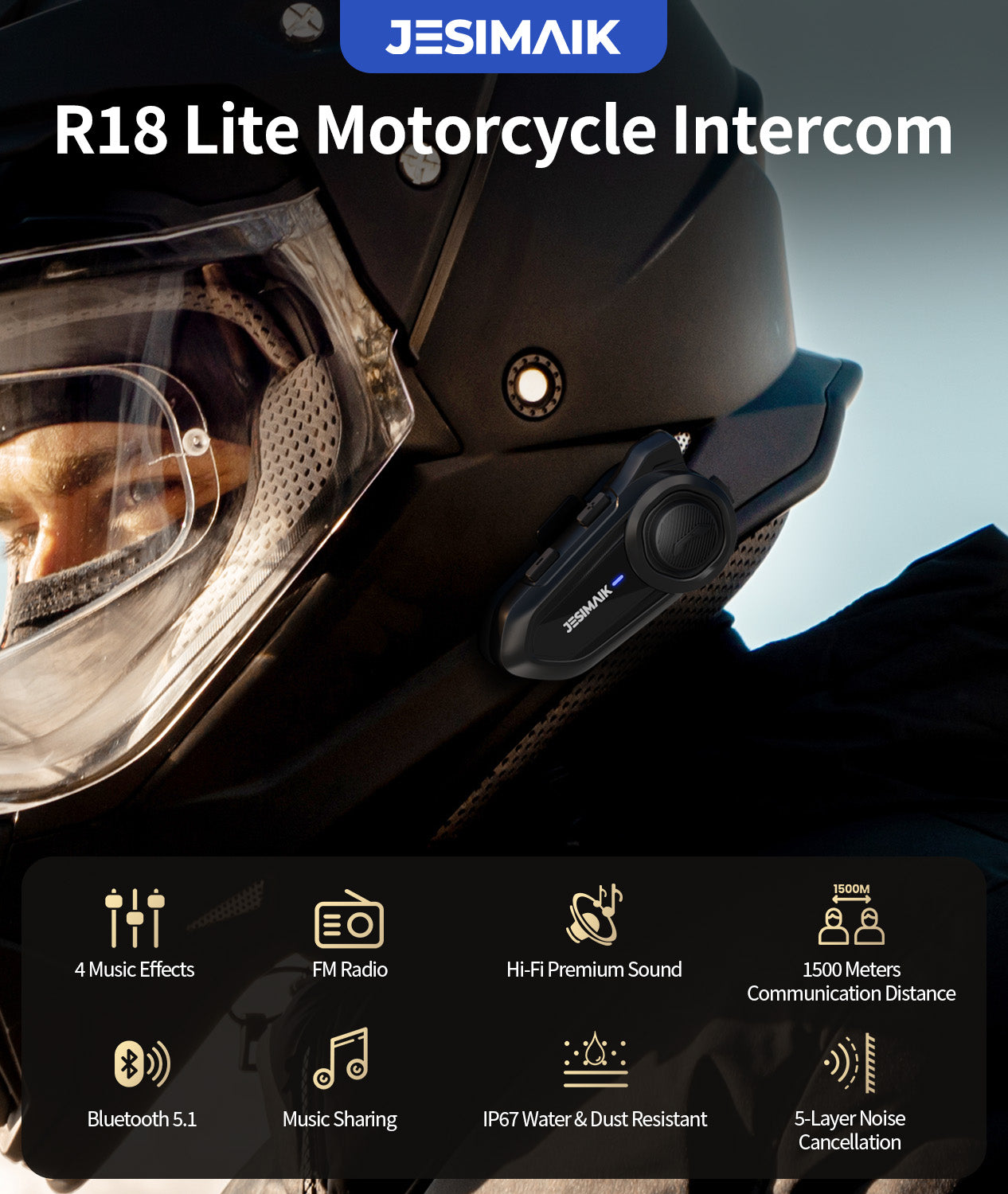 JESIMAIK Motorcycle Bluetooth Headset,2 Way Helmet Intercom