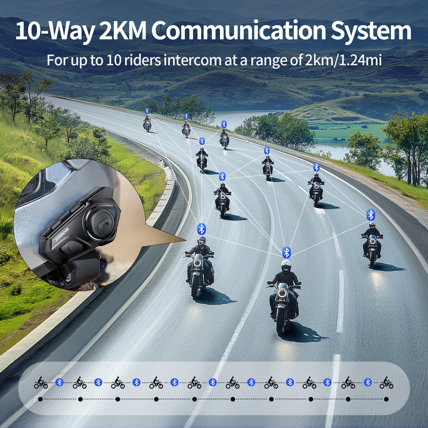 JESIMAIK Motorcycle Helmet Bluetooth Headset, 10 Way 2KM Helmet Communication System, Multitasking Audio Motorcycle Intercom, 2 Mics&40mm Speaker (1 Pack)