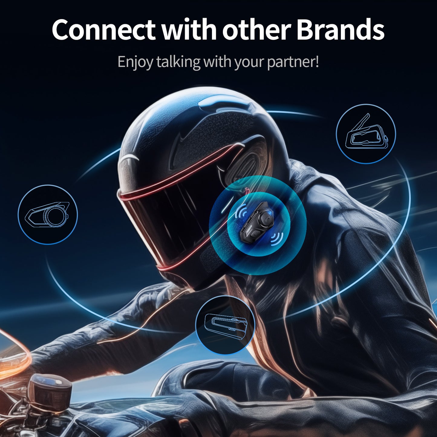 JESIMAIK Motorcycle Helmet Bluetooth Headset, 10 Way 2KM Helmet Communication System, Multitasking Audio Motorcycle Intercom, 2 Mics&40mm Speaker (1 Pack)