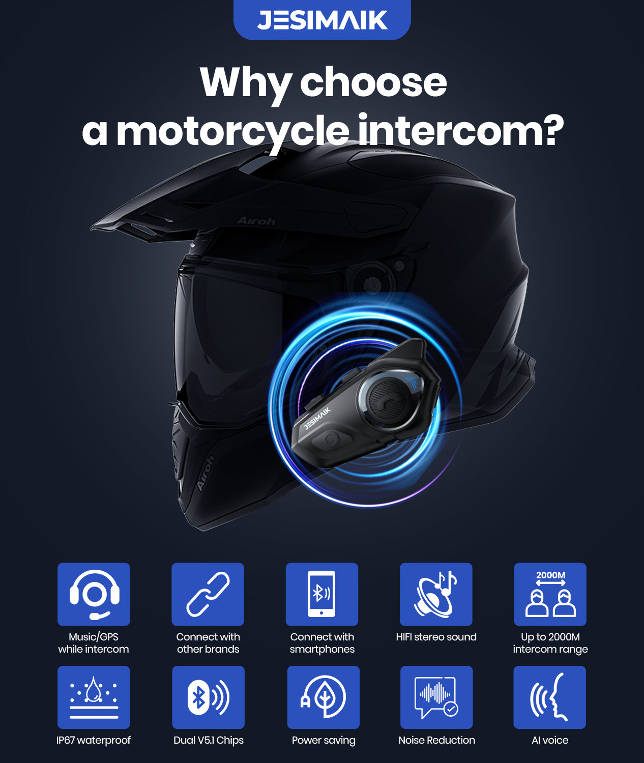 Motorcycle Bluetooth Headset, Dual Chips for Multitasking Audio, 10 Riders Pairing 2000M Motorcycle Helmet Bluetooth Intercom System, HiFi Sound/Music Sharing/AI Voice/FM/Noise Reduction
