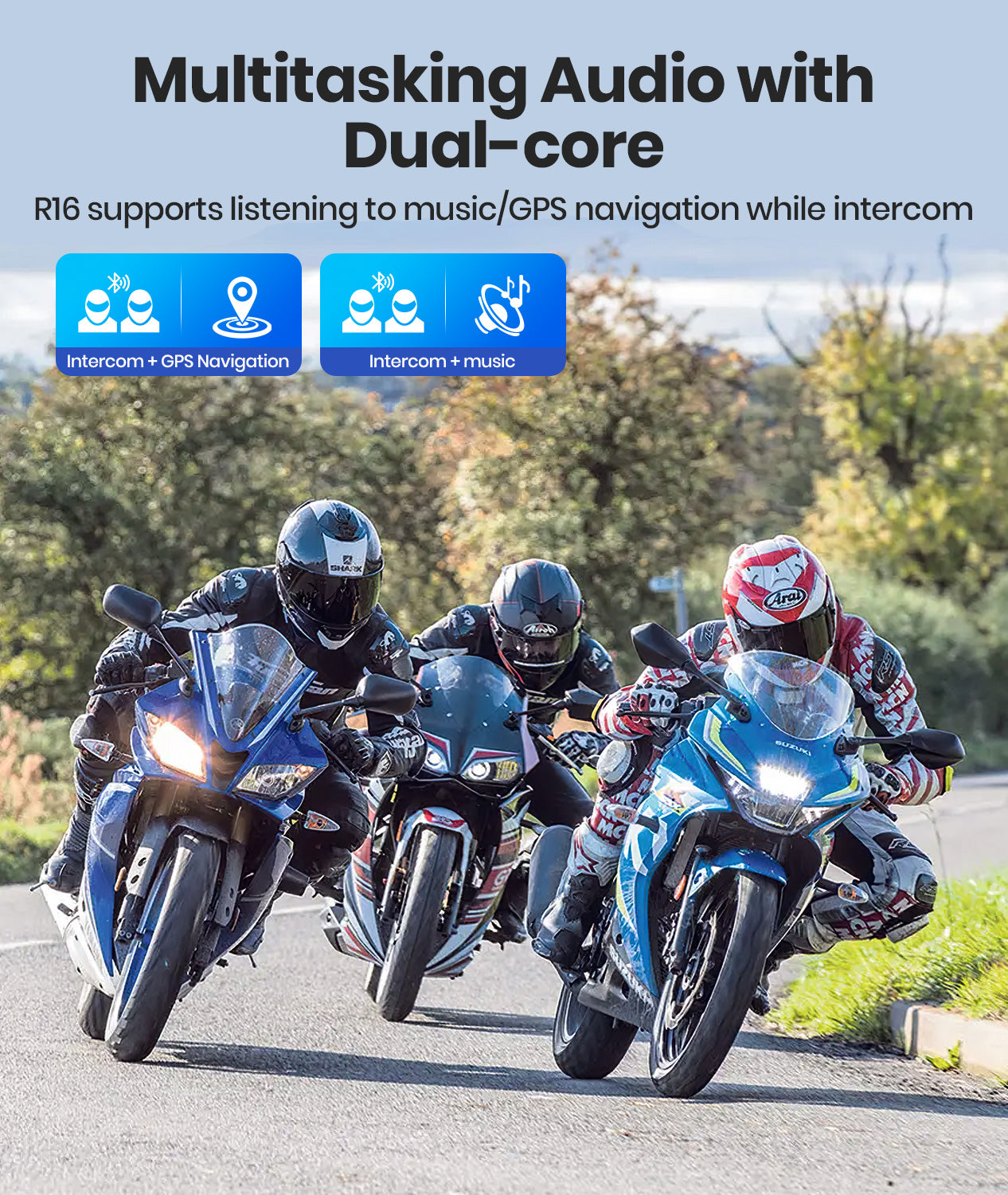 Motorcycle Bluetooth Headset, Dual Chips for Multitasking Audio, 10 Riders Pairing 2000M Motorcycle Helmet Bluetooth Intercom System, HiFi Sound/Music Sharing/AI Voice/FM/Noise Reduction