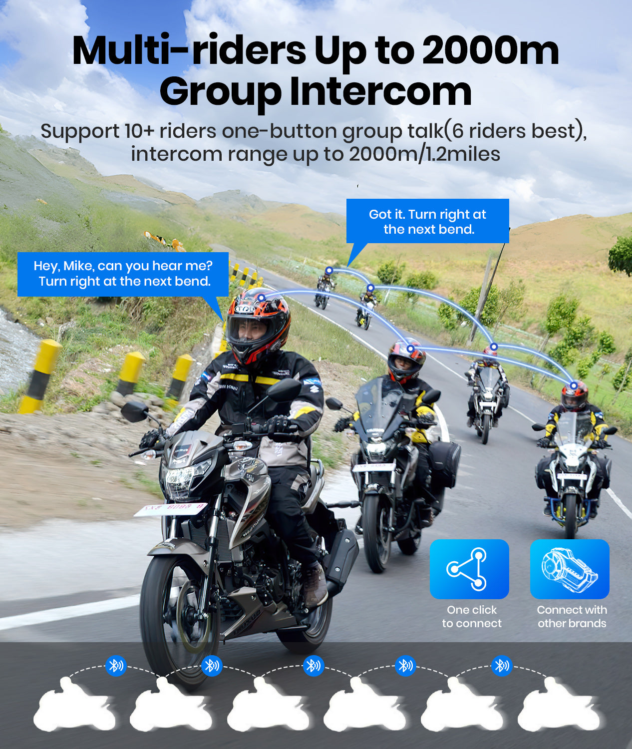Motorcycle Bluetooth Headset, Dual Chips for Multitasking Audio, 10 Riders Pairing 2000M Motorcycle Helmet Bluetooth Intercom System, HiFi Sound/Music Sharing/AI Voice/FM/Noise Reduction