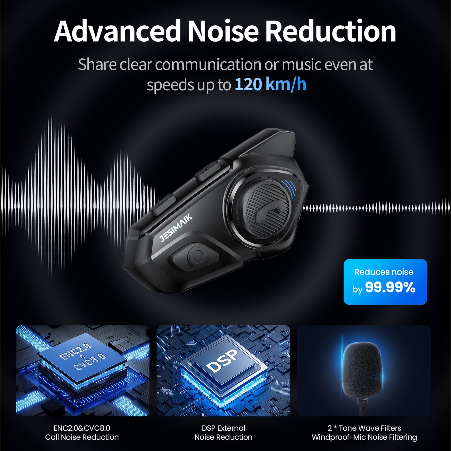 JESIMAIK Motorcycle Helmet Bluetooth Headset, 10 Way 2KM Helmet Communication System, Multitasking Audio Motorcycle Intercom, 2 Mics&40mm Speaker (1 Pack)